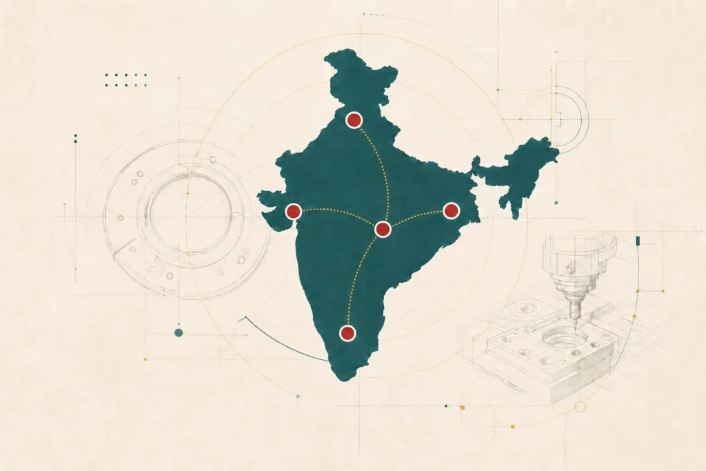 Abstract India route graphic marking five planned Tiezheng business-visit cities for late August 2026.