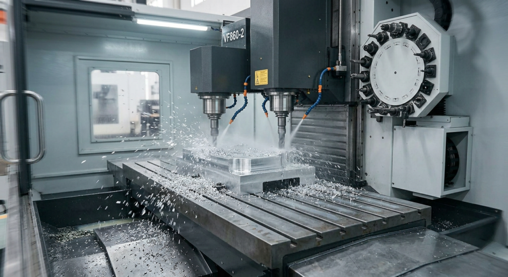 Tiezheng VF860 dual-spindle vertical machining center product overview image for CNC machine specification review.