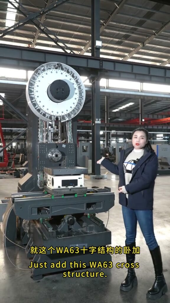 Tiezheng WA63 horizontal cross-structure machining center during a factory demonstration.