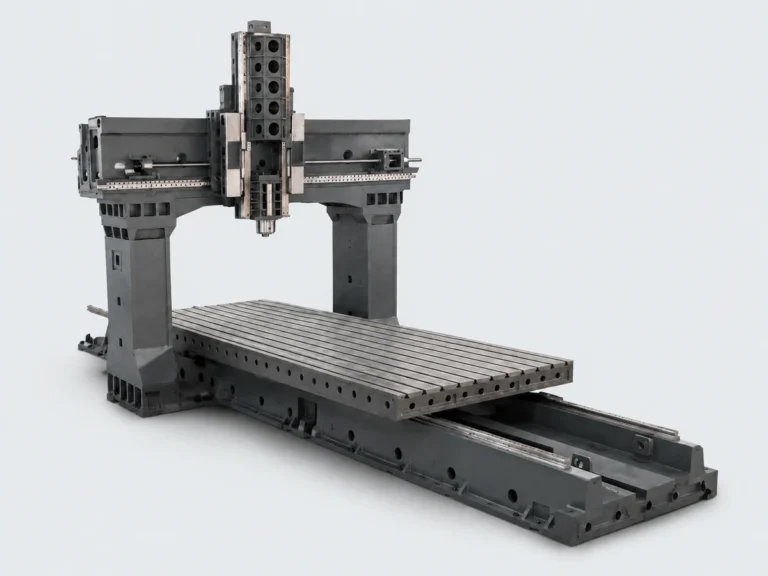 Studio-style illustration of a Tiezheng MB-series gantry machining center with a long T-slot table and open bridge structure on a neutral light-gray background.