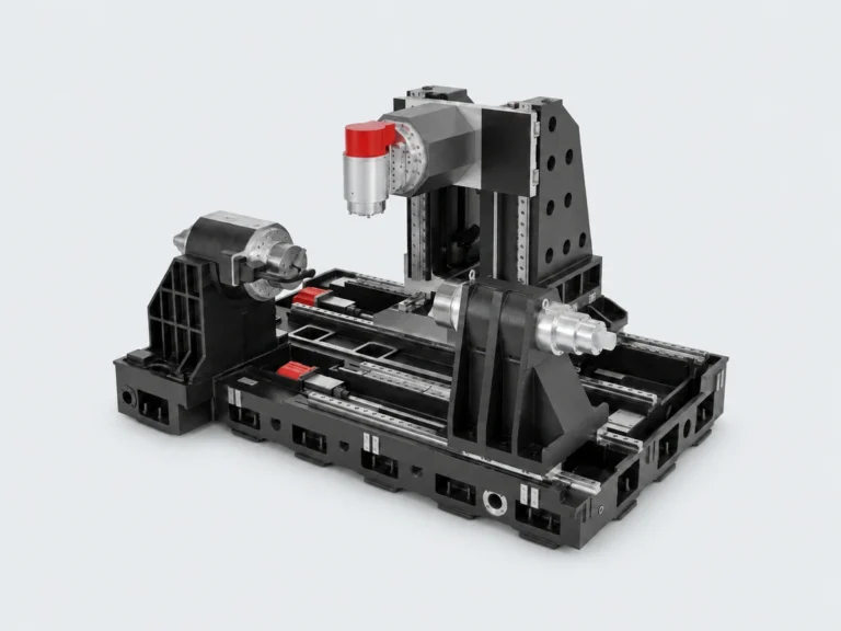 Source-derived illustration of the Tiezheng TNX6510 bare five-axis turn-mill center with exposed spindle assemblies and linear rails on a neutral light-gray background.