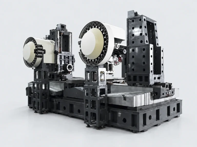 Source-derived presentation of the Tiezheng WHH63 bare opposed horizontal machining center with two tool magazines on a neutral light-gray background.