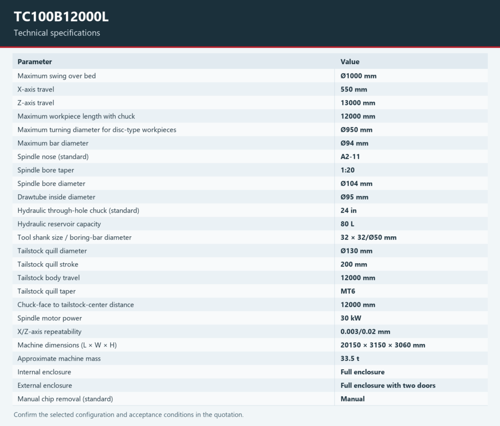 Technical specification chart for the Tiezheng TC100B12000L CNC lathe.